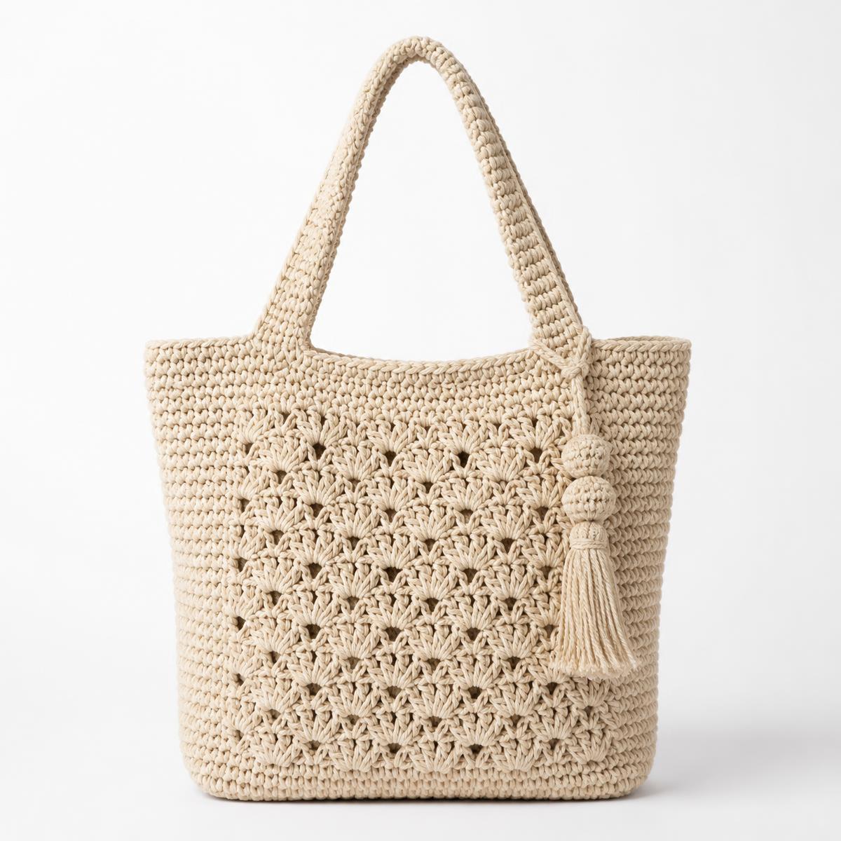 Handmade cream crochet tote bag with tassel detail
