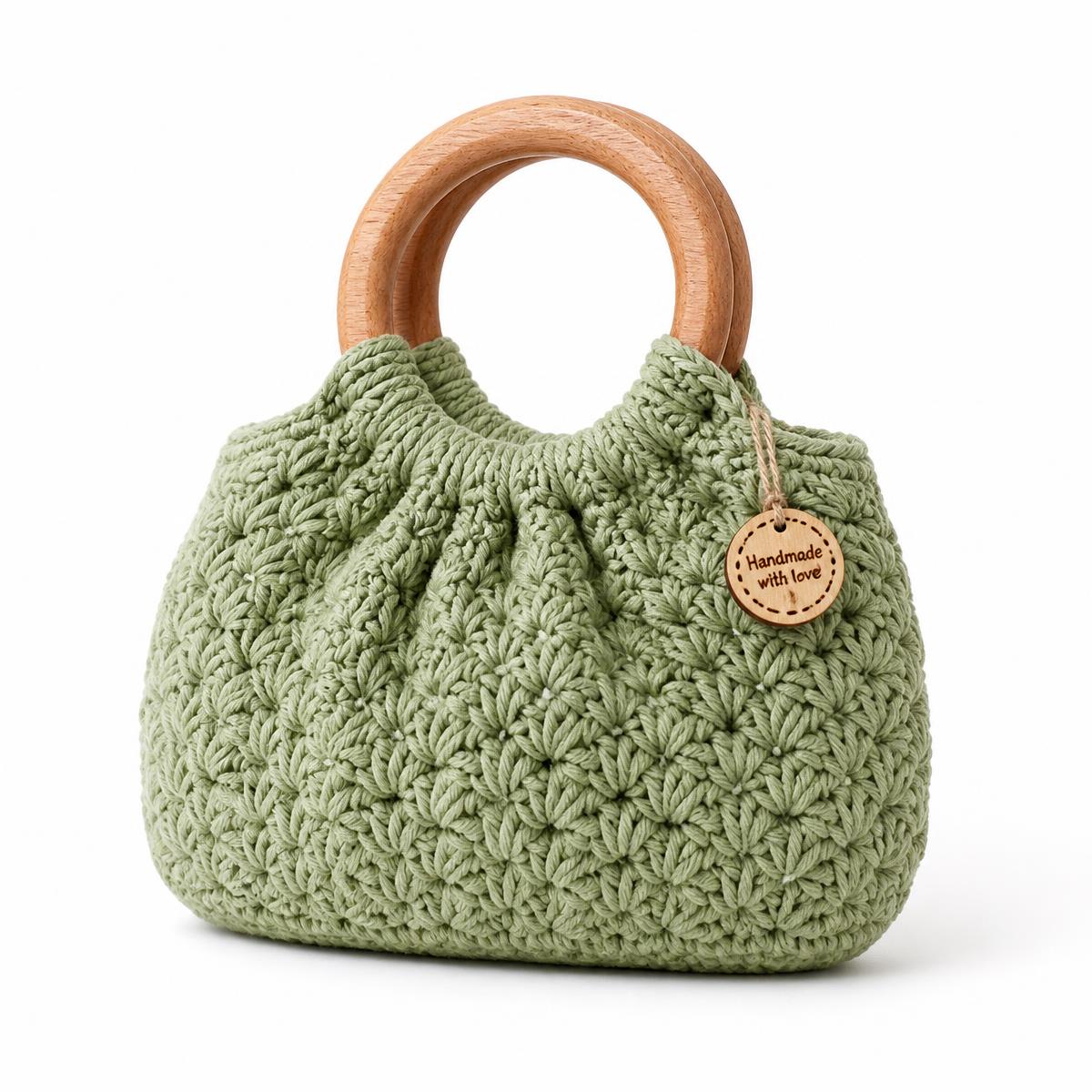 Sage green crochet handbag with round wooden handles