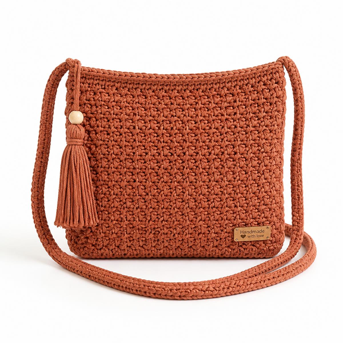 Terracotta crochet crossbody bag with tassel