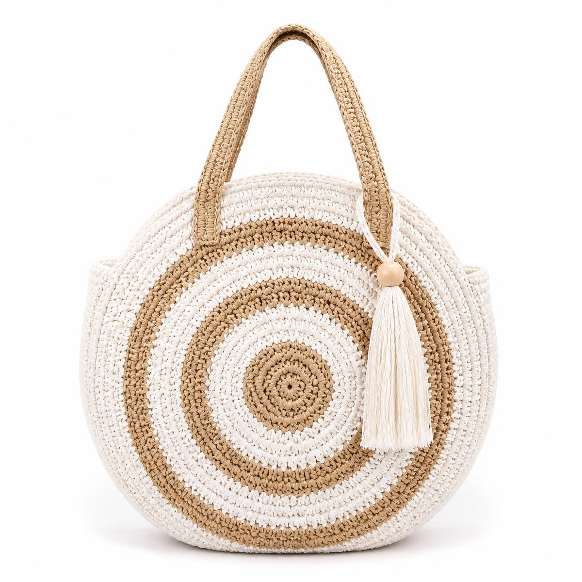 Round striped crochet beach bag in white and sand