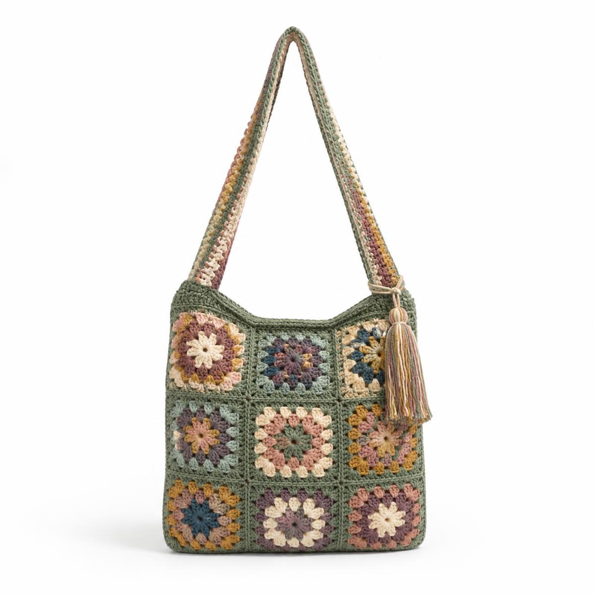 Granny square crochet shoulder bag in muted colours