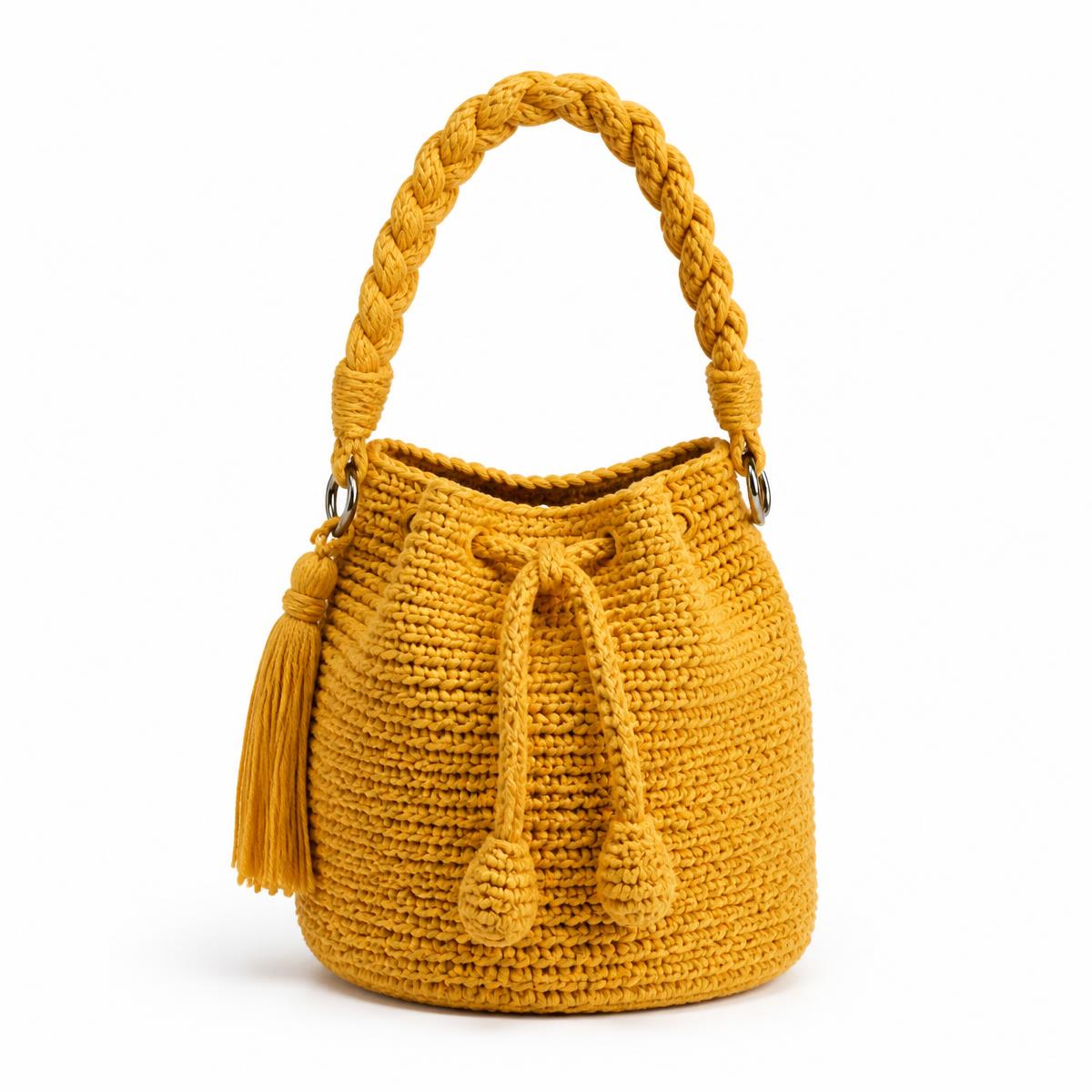 Mustard yellow crochet bucket bag with braided handle
