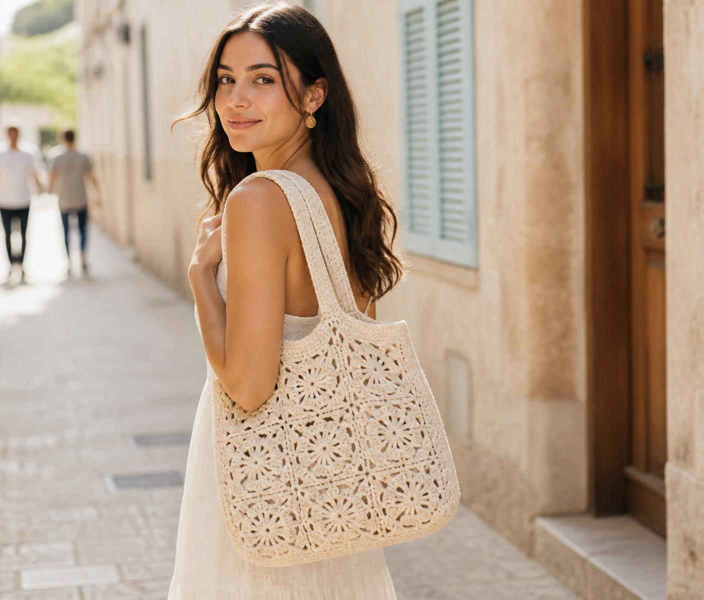 Woman carrying a handmade crochet tote bag on a sunny street